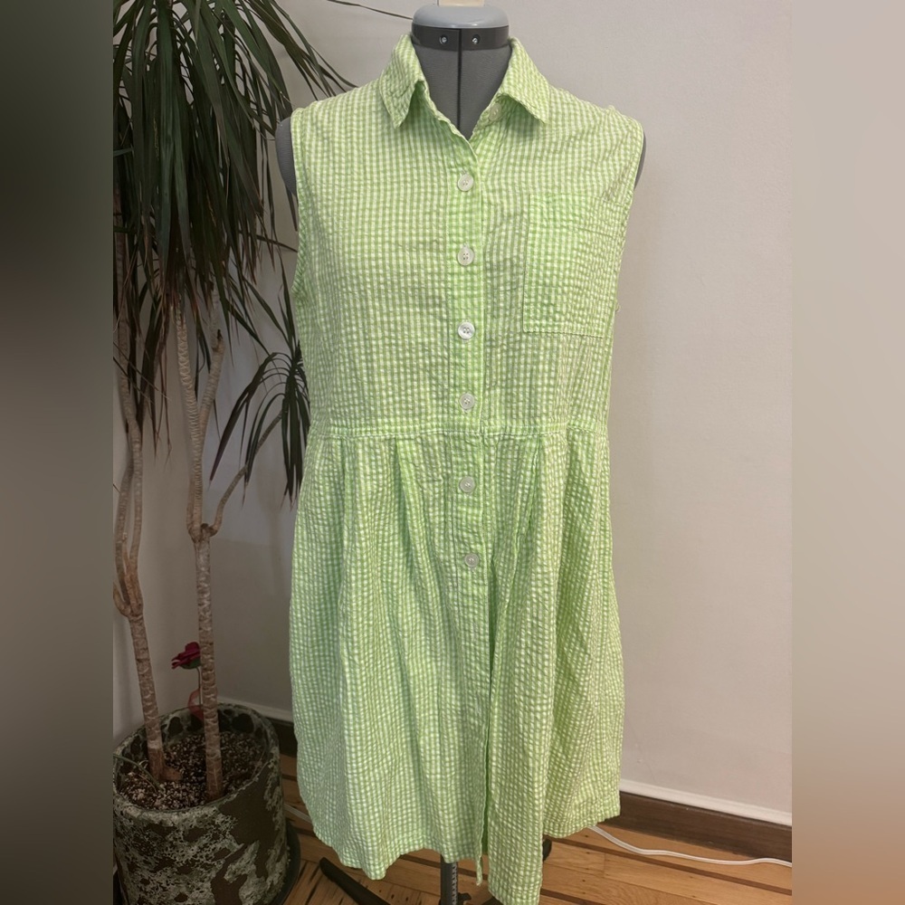 Vintage J.G. Hook Petite Lime Green Gingham Seersucker Shirt Dress